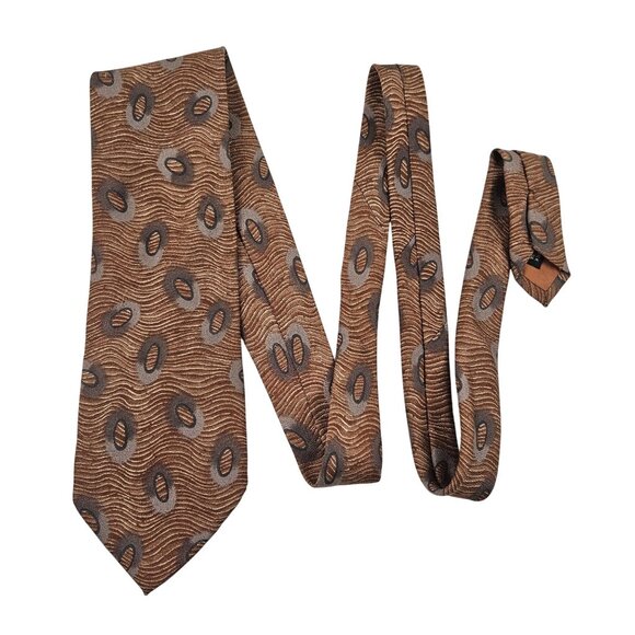 J. Ferrar Brown & Gray Oval Pattern Silk Necktie Made In Italy - Picture 4 of 8
